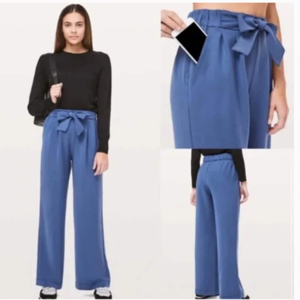 Lululemon Noir‎ Pant Blue High Waist Wide-Leg Tie Belt Office Size 4 Women's